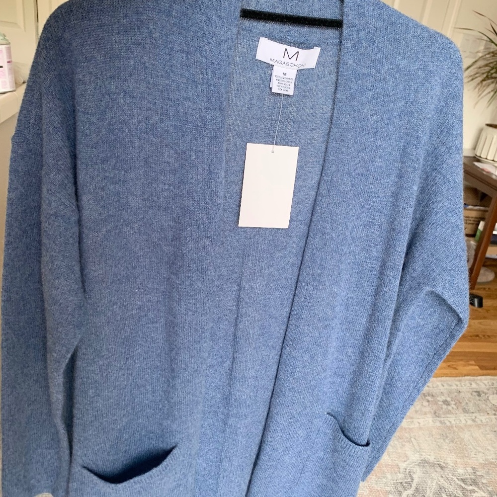 NWT Magaschoni Cashmere Open Front Cardigan Light Blue Size Medium